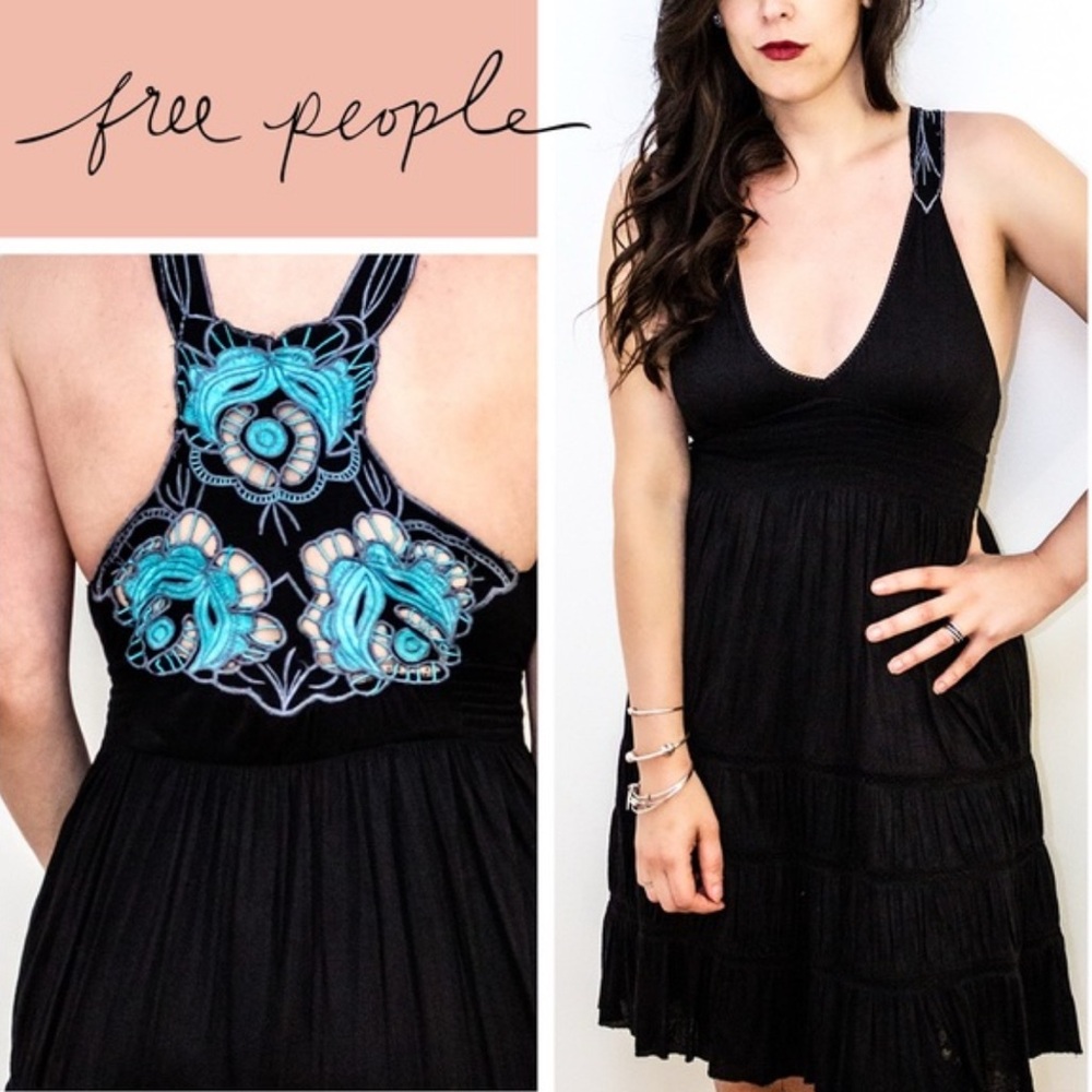 Free People Endless Summer‎ Cutwork Embroidered Dress turquoise teal lace cutout